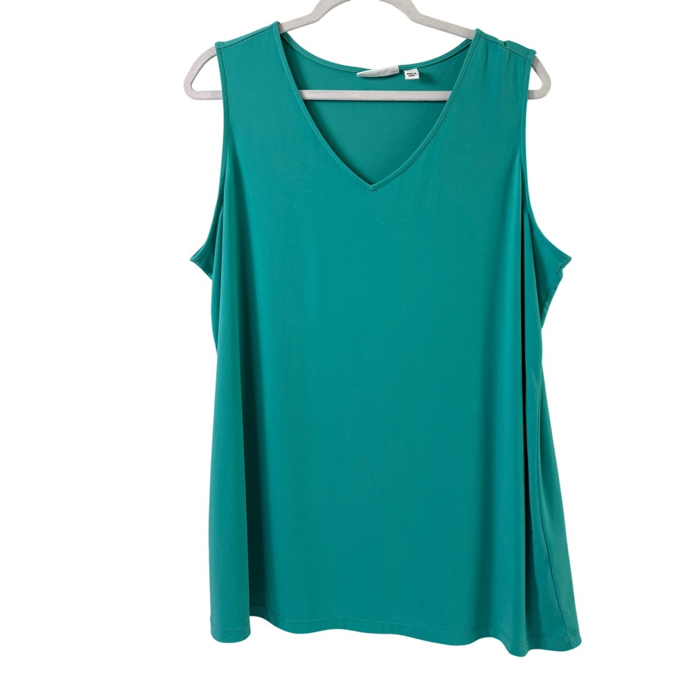 Susan Graver Tank Top Womens XL Teal Green V-Neck Liquid Knit Sleeveless Blouse